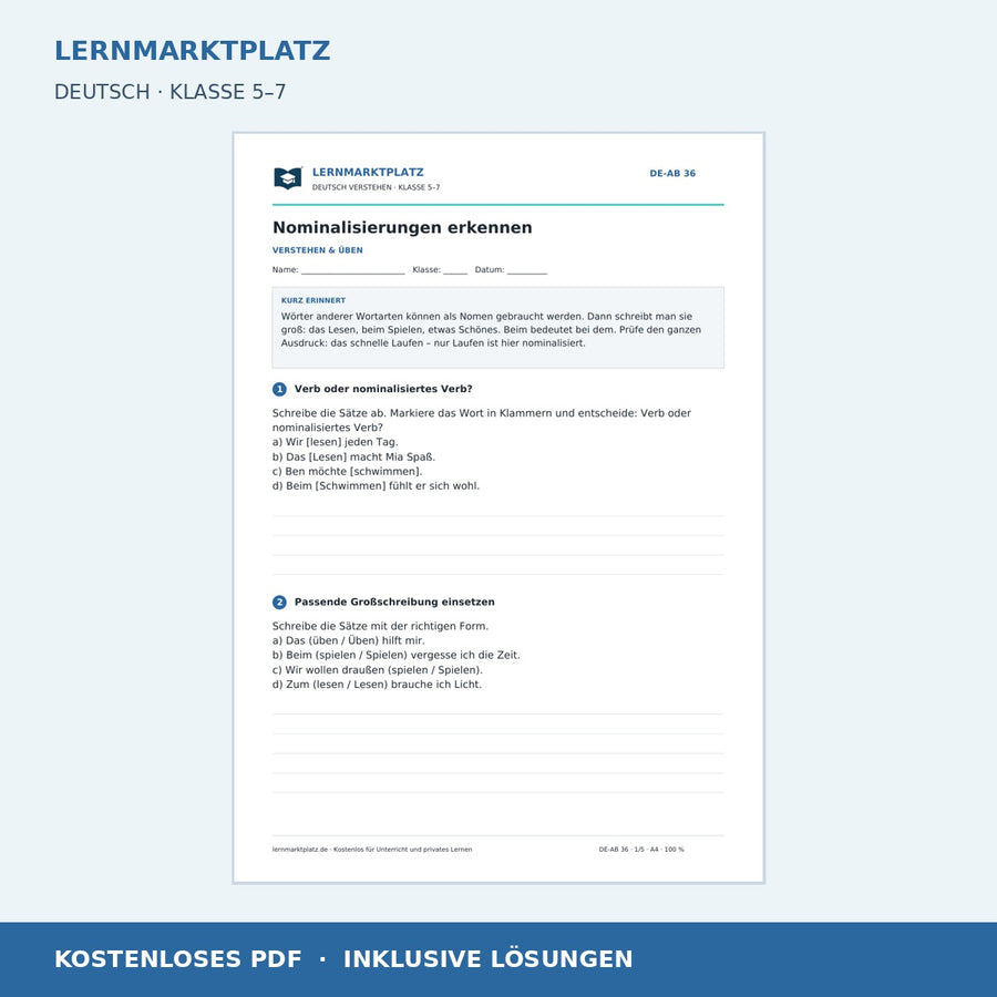 Nominalisierungen erkennen – kostenloses Deutsch-Arbeitsblatt mit Lösungen (PDF)