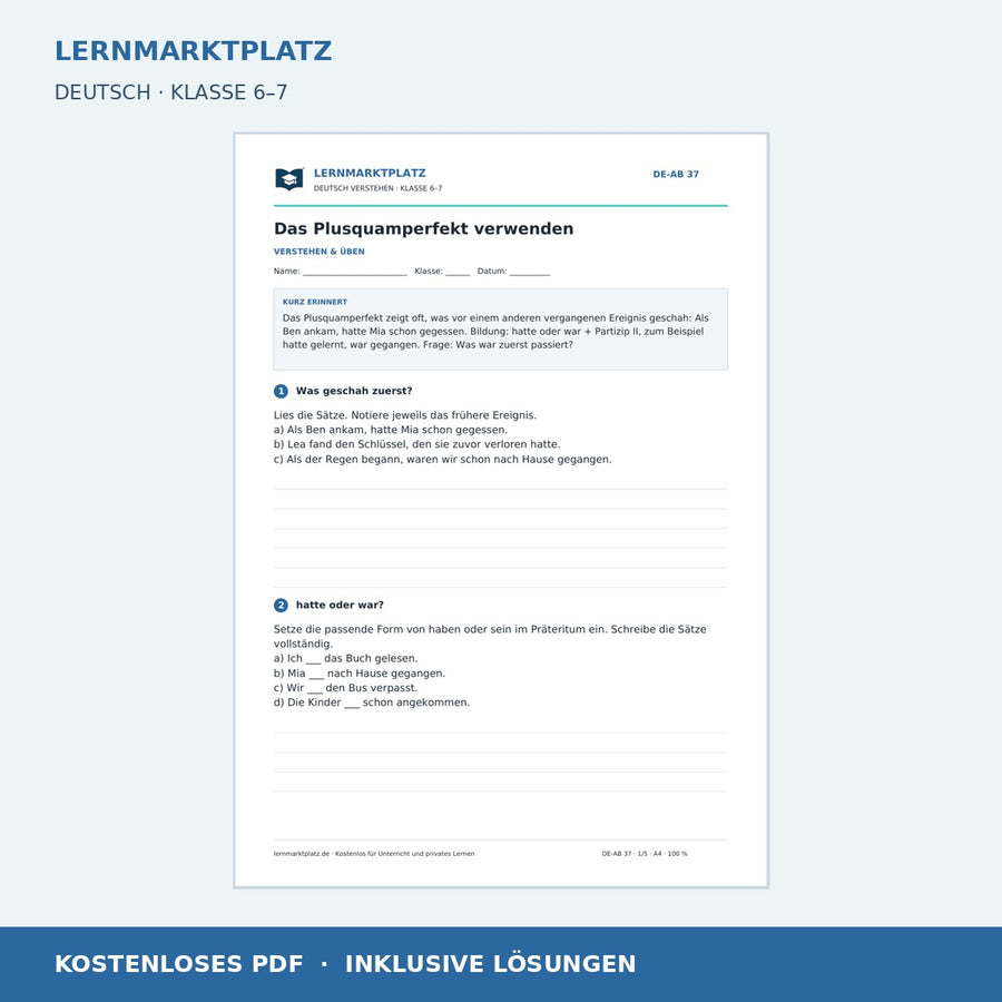 Das Plusquamperfekt verwenden – kostenloses Deutsch-Arbeitsblatt mit Lösungen (PDF)