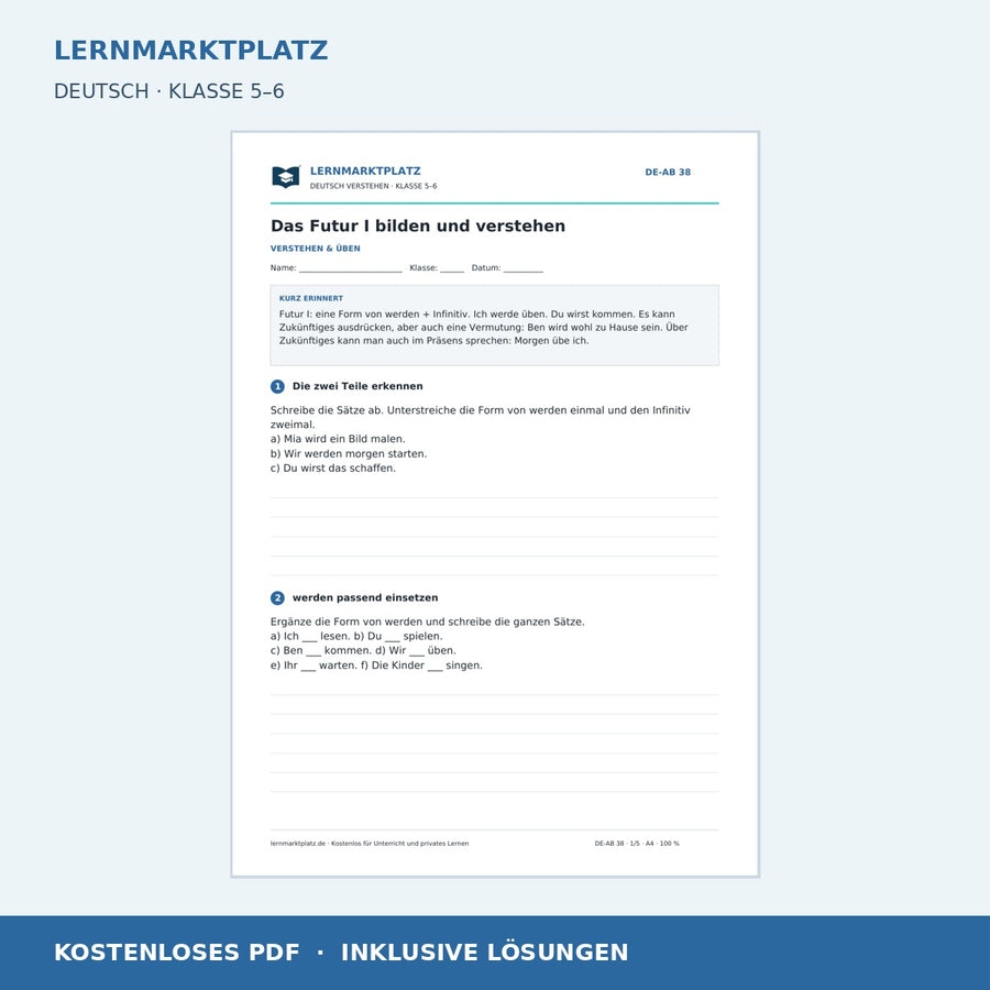 Das Futur I bilden und verstehen – kostenloses Deutsch-Arbeitsblatt mit Lösungen (PDF)