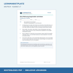 Eine Meinung begründet vertreten – kostenloses Deutsch-Arbeitsblatt mit Lösungen (PDF)