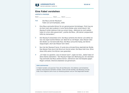 Eine Fabel verstehen – kostenloses Deutsch-Arbeitsblatt mit Lösungen (PDF)