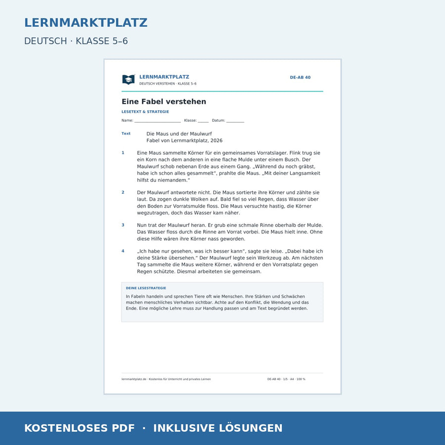 Eine Fabel verstehen – kostenloses Deutsch-Arbeitsblatt mit Lösungen (PDF)