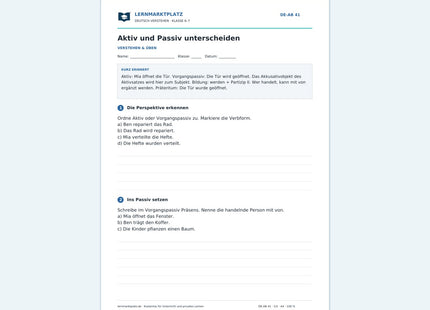 Aktiv und Passiv unterscheiden – kostenloses Deutsch-Arbeitsblatt mit Lösungen (PDF)