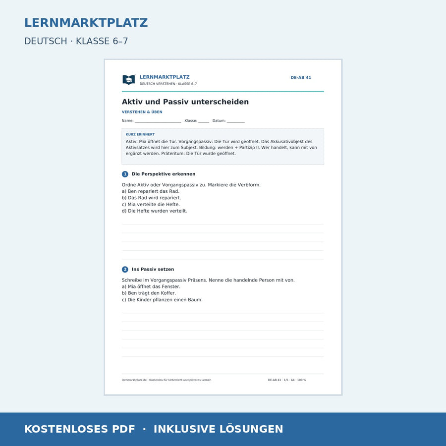 Aktiv und Passiv unterscheiden – kostenloses Deutsch-Arbeitsblatt mit Lösungen (PDF)