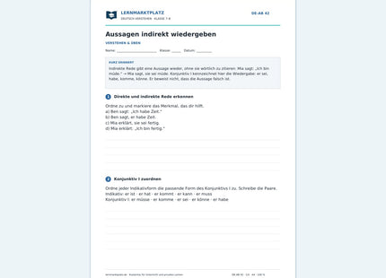 Aussagen indirekt wiedergeben – kostenloses Deutsch-Arbeitsblatt mit Lösungen (PDF)