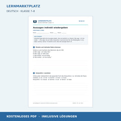 Aussagen indirekt wiedergeben – kostenloses Deutsch-Arbeitsblatt mit Lösungen (PDF)