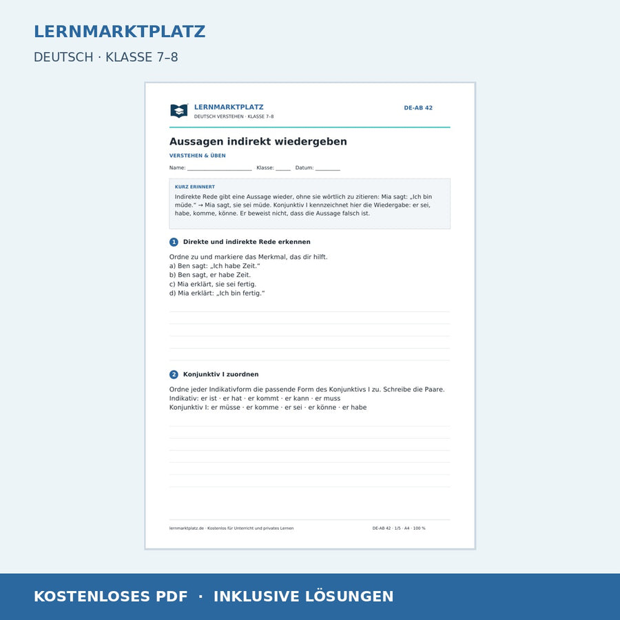 Aussagen indirekt wiedergeben – kostenloses Deutsch-Arbeitsblatt mit Lösungen (PDF)