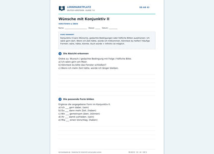 Wünsche mit Konjunktiv II – kostenloses Deutsch-Arbeitsblatt mit Lösungen (PDF)