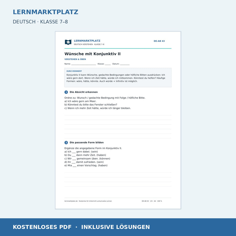 Wünsche mit Konjunktiv II – kostenloses Deutsch-Arbeitsblatt mit Lösungen (PDF)