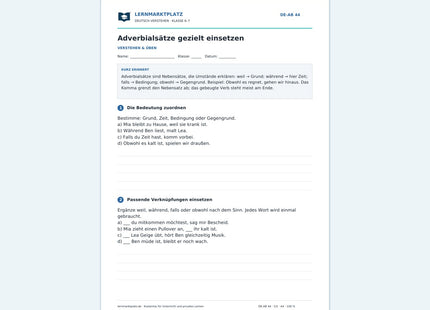 Adverbialsätze gezielt einsetzen – kostenloses Deutsch-Arbeitsblatt mit Lösungen (PDF)