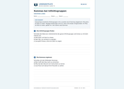 Kommas bei Infinitivgruppen – kostenloses Deutsch-Arbeitsblatt mit Lösungen (PDF)