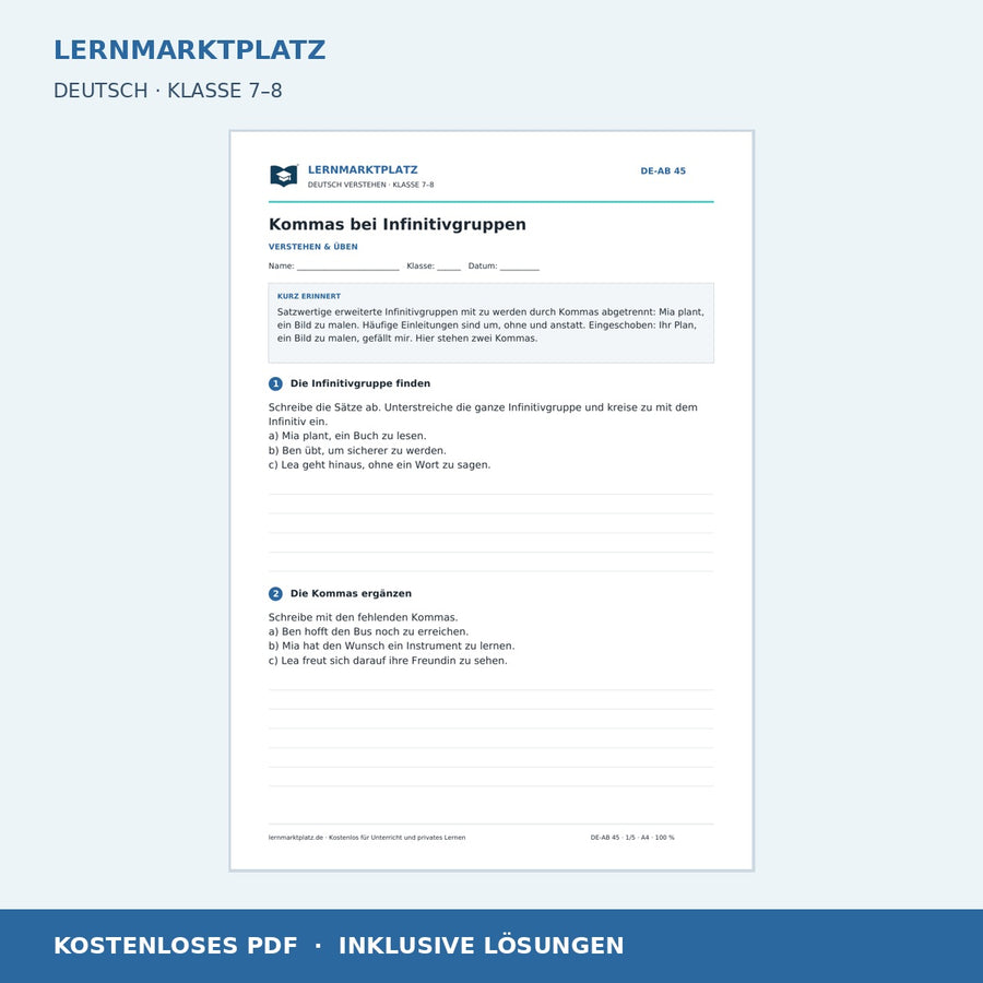 Kommas bei Infinitivgruppen – kostenloses Deutsch-Arbeitsblatt mit Lösungen (PDF)