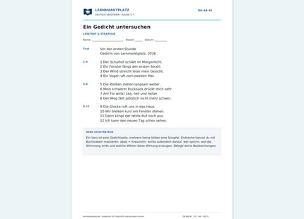 Ein Gedicht untersuchen – kostenloses Deutsch-Arbeitsblatt mit Lösungen (PDF)