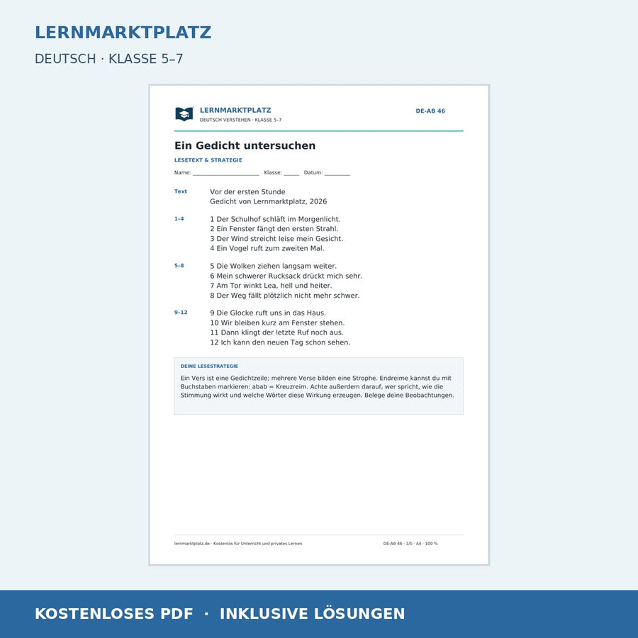 Ein Gedicht untersuchen – kostenloses Deutsch-Arbeitsblatt mit Lösungen (PDF)