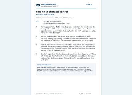 Eine Figur charakterisieren – kostenloses Deutsch-Arbeitsblatt mit Lösungen (PDF)