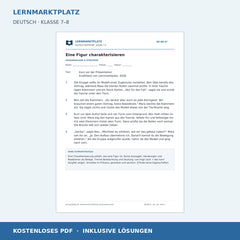 Eine Figur charakterisieren – kostenloses Deutsch-Arbeitsblatt mit Lösungen (PDF)