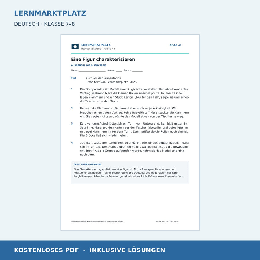 Eine Figur charakterisieren – kostenloses Deutsch-Arbeitsblatt mit Lösungen (PDF)