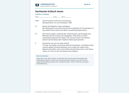 Sachtexte kritisch lesen – kostenloses Deutsch-Arbeitsblatt mit Lösungen (PDF)