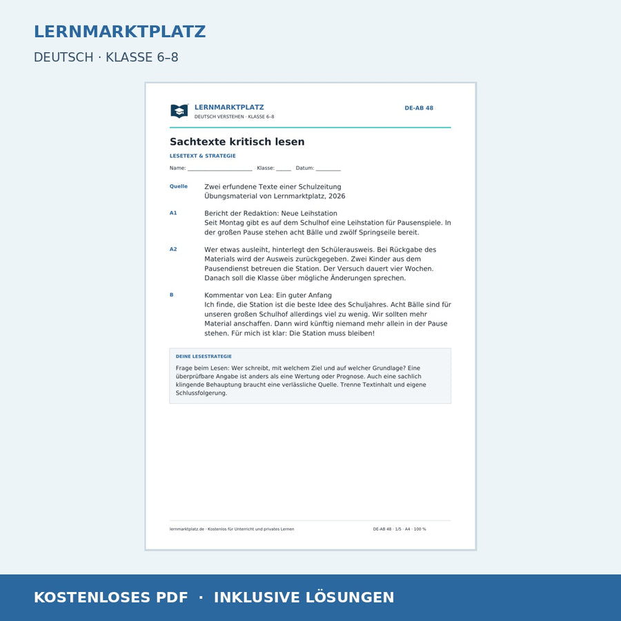 Sachtexte kritisch lesen – kostenloses Deutsch-Arbeitsblatt mit Lösungen (PDF)