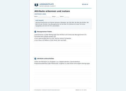 Attribute erkennen und nutzen – kostenloses Deutsch-Arbeitsblatt mit Lösungen (PDF)