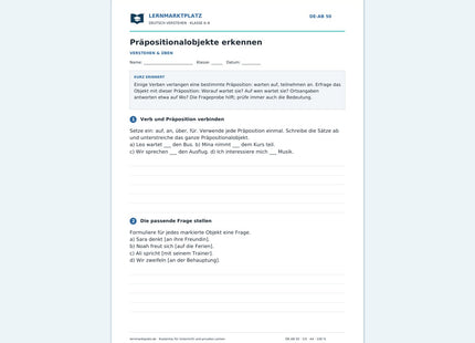 Präpositionalobjekte erkennen – kostenloses Deutsch-Arbeitsblatt mit Lösungen (PDF)