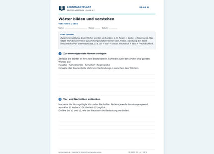 Wörter bilden und verstehen – kostenloses Deutsch-Arbeitsblatt mit Lösungen (PDF)
