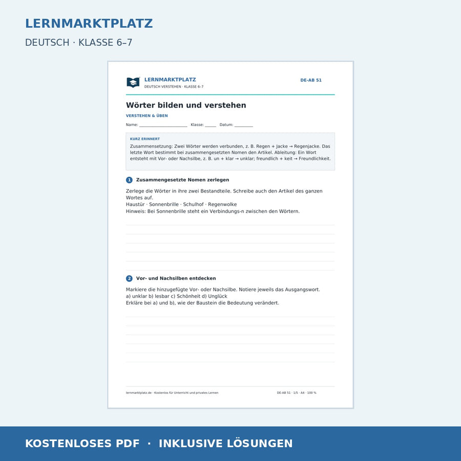 Wörter bilden und verstehen – kostenloses Deutsch-Arbeitsblatt mit Lösungen (PDF)