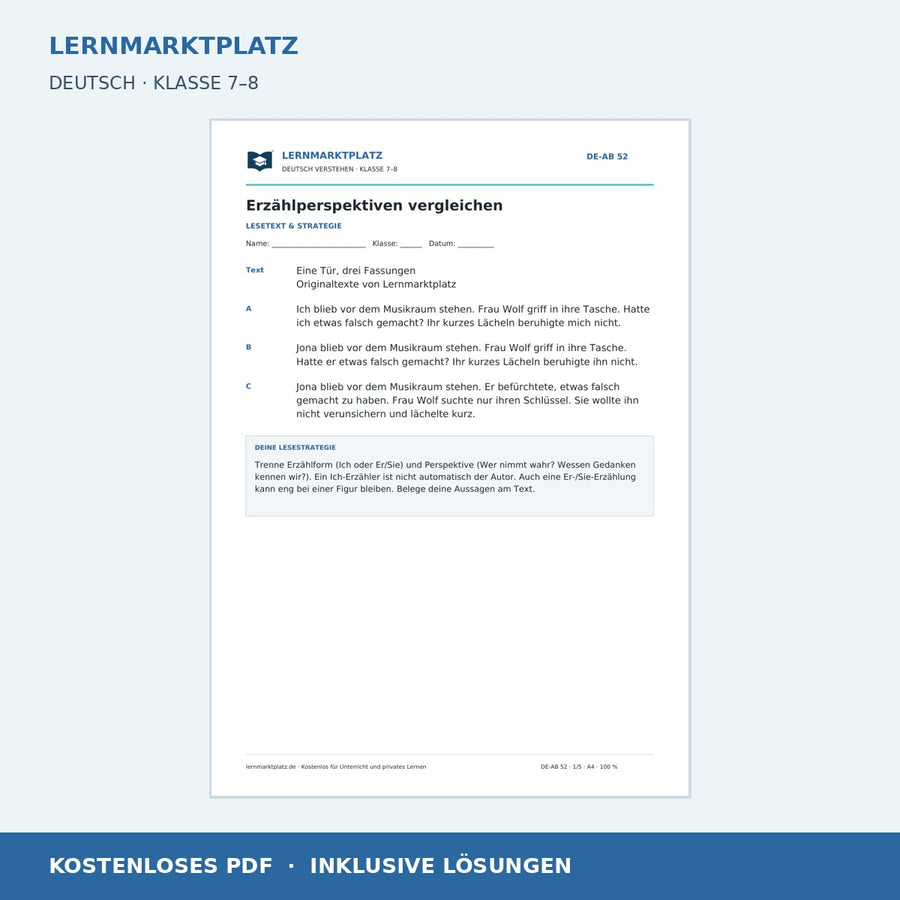 Erzählperspektiven vergleichen – kostenloses Deutsch-Arbeitsblatt mit Lösungen (PDF)