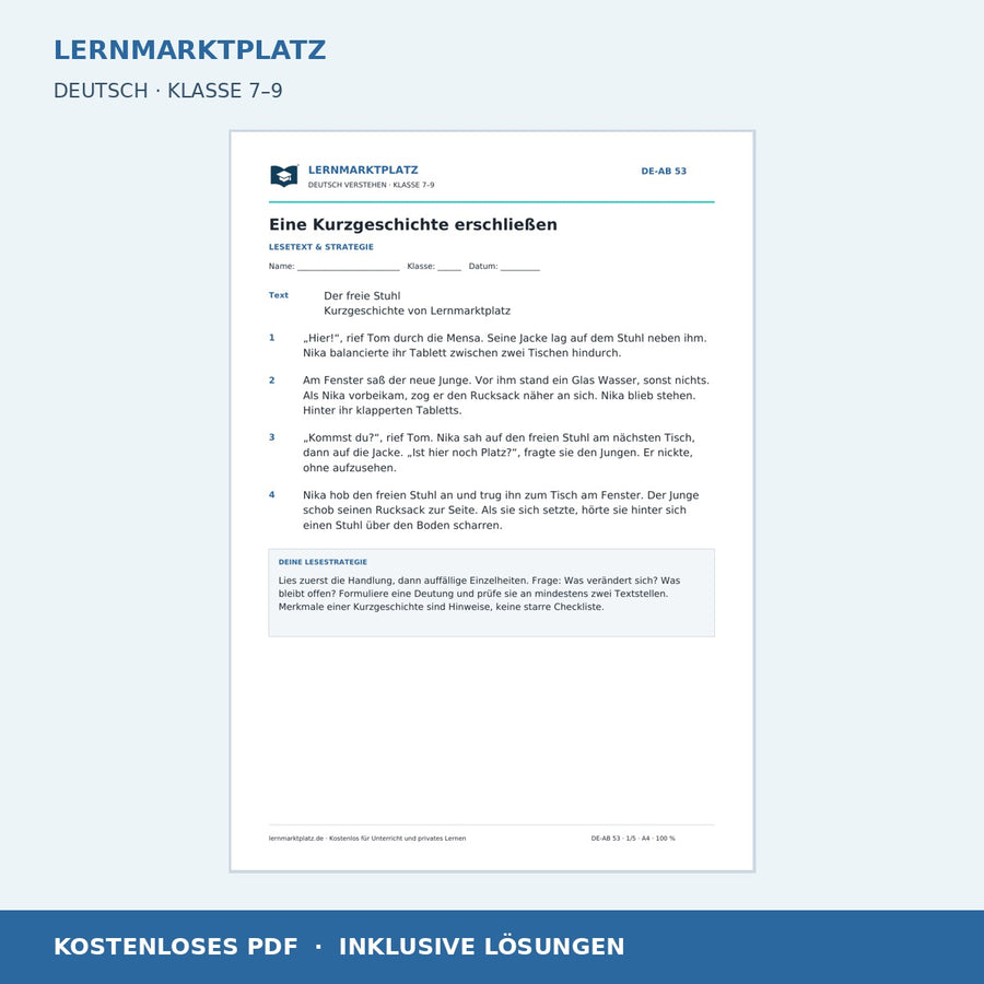 Eine Kurzgeschichte erschließen – kostenloses Deutsch-Arbeitsblatt mit Lösungen (PDF)