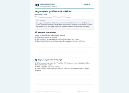 Argumente prüfen und stärken – kostenloses Deutsch-Arbeitsblatt mit Lösungen (PDF)