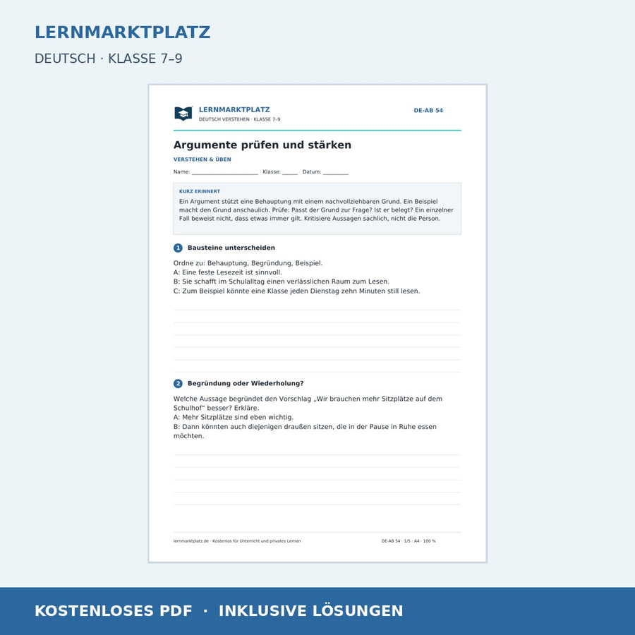 Argumente prüfen und stärken – kostenloses Deutsch-Arbeitsblatt mit Lösungen (PDF)