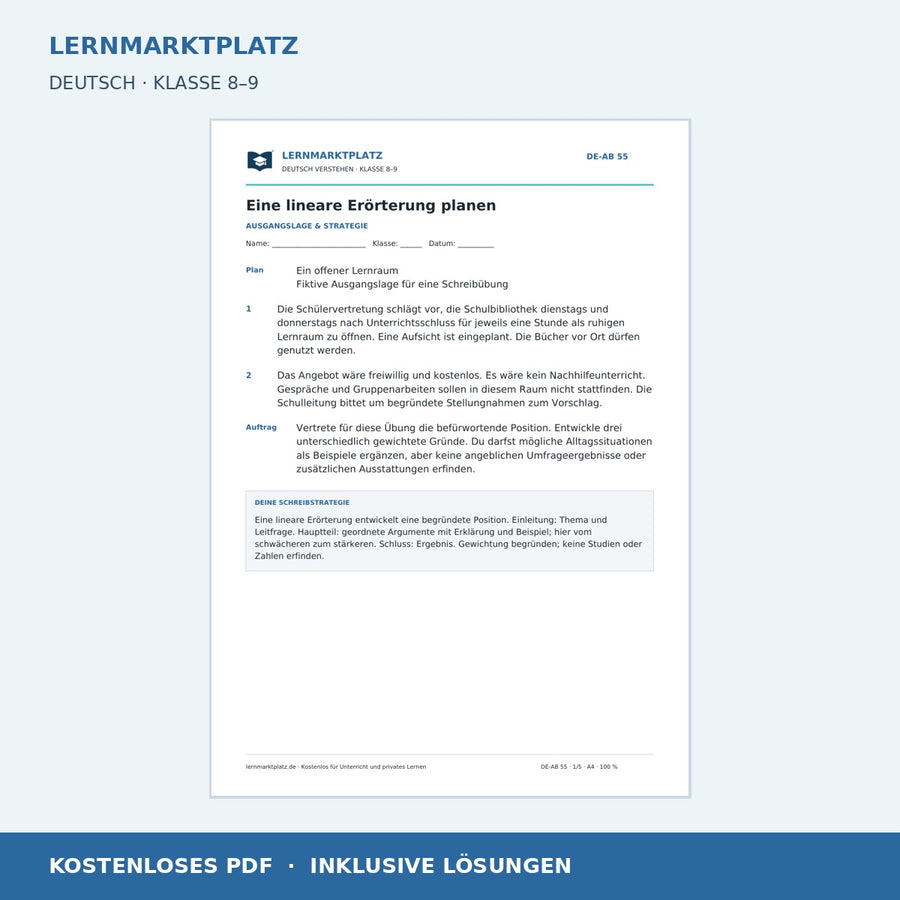 Eine lineare Erörterung planen – kostenloses Deutsch-Arbeitsblatt mit Lösungen (PDF)