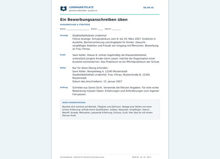 Ein Bewerbungsanschreiben üben – kostenloses Deutsch-Arbeitsblatt mit Lösungen (PDF)