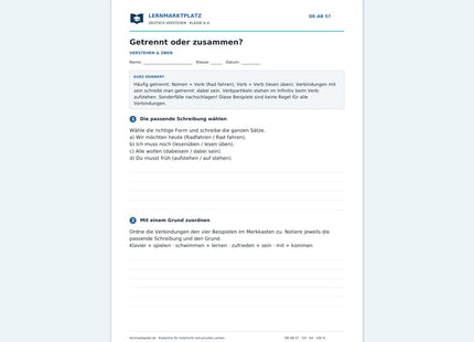 Getrennt oder zusammen? – kostenloses Deutsch-Arbeitsblatt mit Lösungen (PDF)