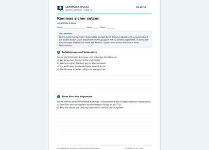 Kommas sicher setzen – kostenloses Deutsch-Arbeitsblatt mit Lösungen (PDF)