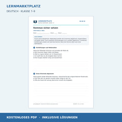 Kommas sicher setzen – kostenloses Deutsch-Arbeitsblatt mit Lösungen (PDF)