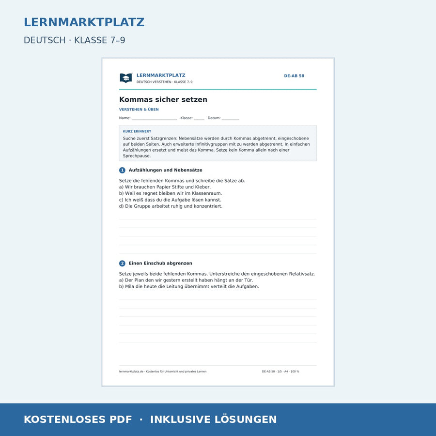 Kommas sicher setzen – kostenloses Deutsch-Arbeitsblatt mit Lösungen (PDF)