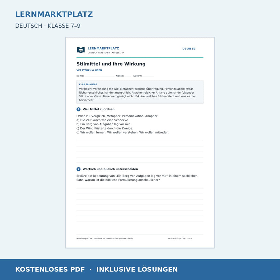 Stilmittel und ihre Wirkung – kostenloses Deutsch-Arbeitsblatt mit Lösungen (PDF)