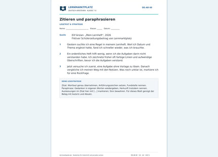 Zitieren und paraphrasieren – kostenloses Deutsch-Arbeitsblatt mit Lösungen (PDF)