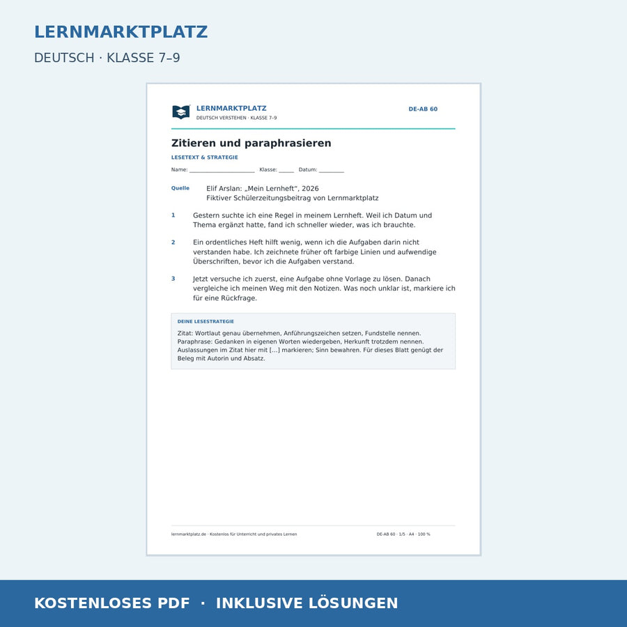 Zitieren und paraphrasieren – kostenloses Deutsch-Arbeitsblatt mit Lösungen (PDF)