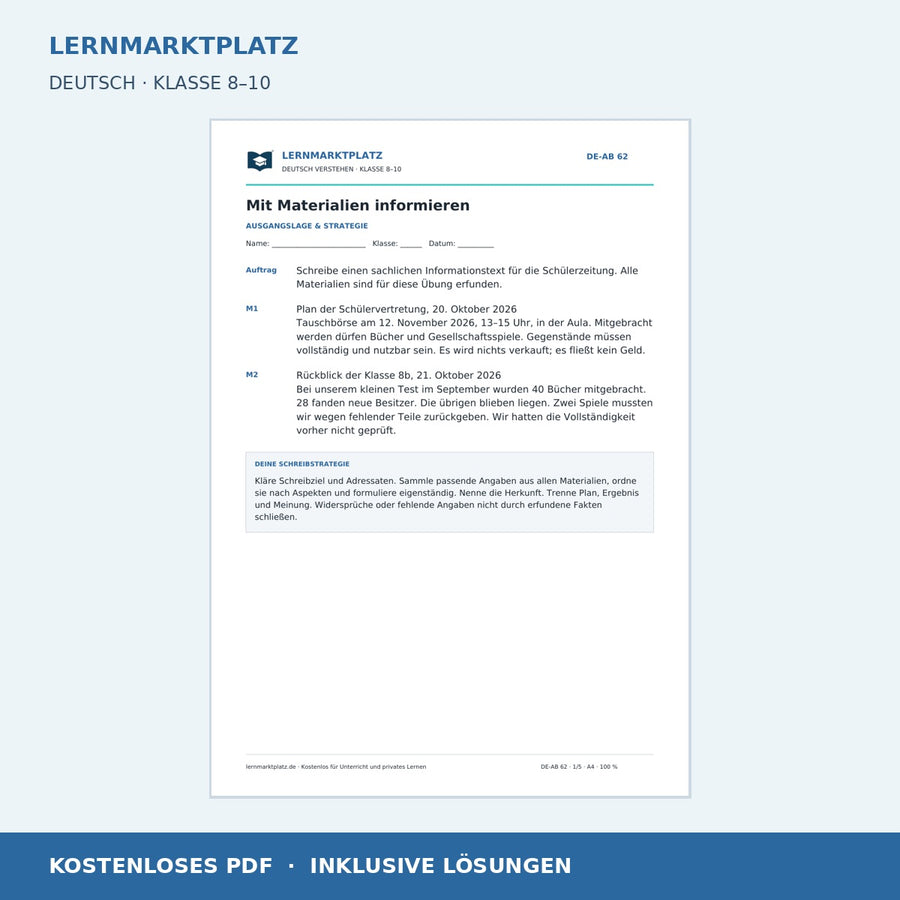 Mit Materialien informieren – kostenloses Deutsch-Arbeitsblatt mit Lösungen (PDF)