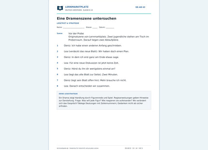 Eine Dramenszene untersuchen – kostenloses Deutsch-Arbeitsblatt mit Lösungen (PDF)