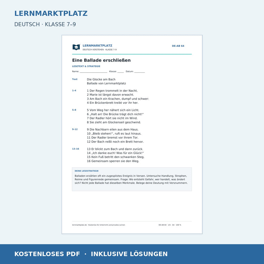 Eine Ballade erschließen – kostenloses Deutsch-Arbeitsblatt mit Lösungen (PDF)