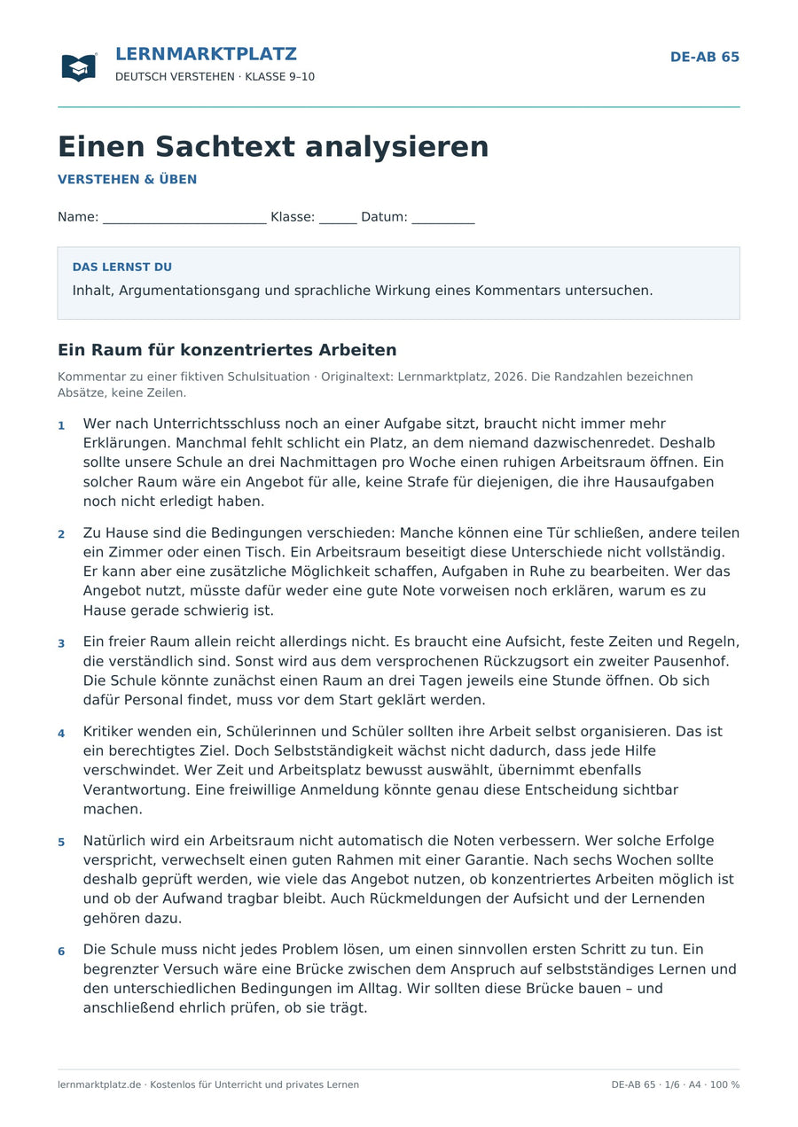 Einen Sachtext analysieren – Vorschau des Deutsch-Arbeitsblatts für Klasse 9–10