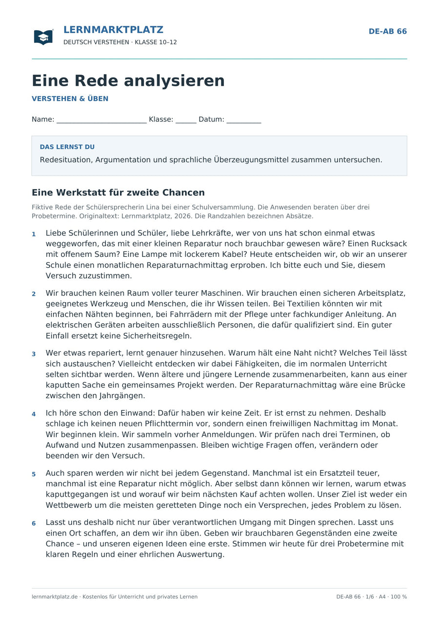 Eine Rede analysieren – Vorschau des Deutsch-Arbeitsblatts für Klasse 10–12
