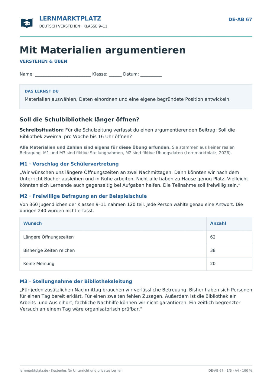 Mit Materialien argumentieren – Vorschau des Deutsch-Arbeitsblatts für Klasse 9–11