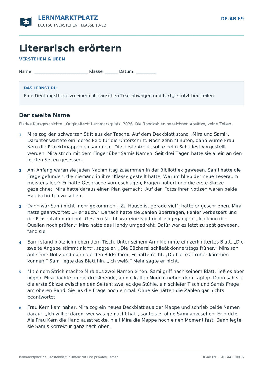 Literarisch erörtern – Vorschau des Deutsch-Arbeitsblatts für Klasse 10–12