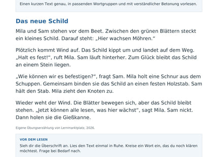 Flüssig und betont lesen – erste Seite des kostenlosen Deutsch-Arbeitsblatts für Klasse 2–3
