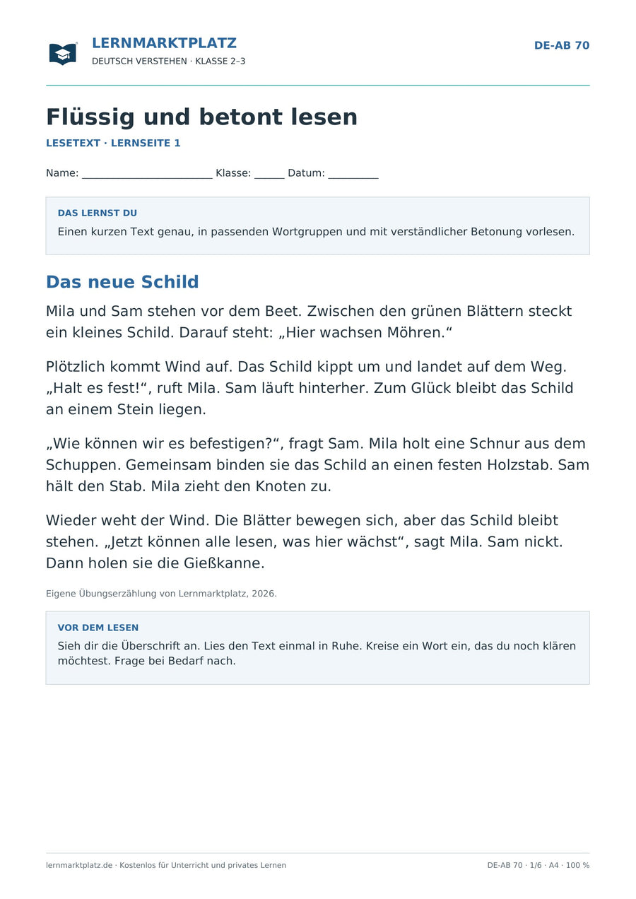 Flüssig und betont lesen – erste Seite des kostenlosen Deutsch-Arbeitsblatts für Klasse 2–3