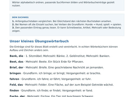 Mit dem Wörterbuch arbeiten – erste Seite des kostenlosen Deutsch-Arbeitsblatts für Klasse 3–4